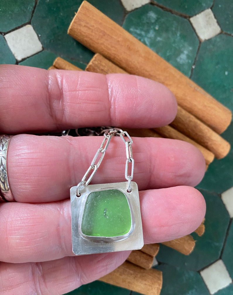 Geometric green sea glass necklace