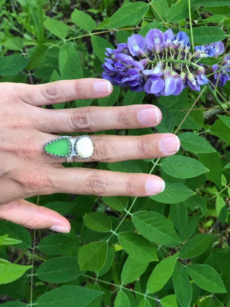 Sea glass and stone statement ring - 6.5