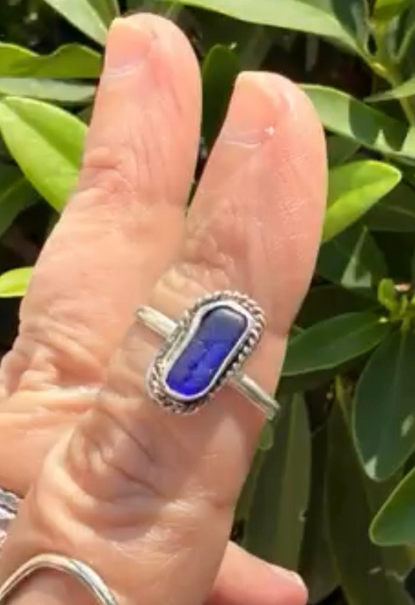 Tiny cobalt blue sea glass ring - size 7