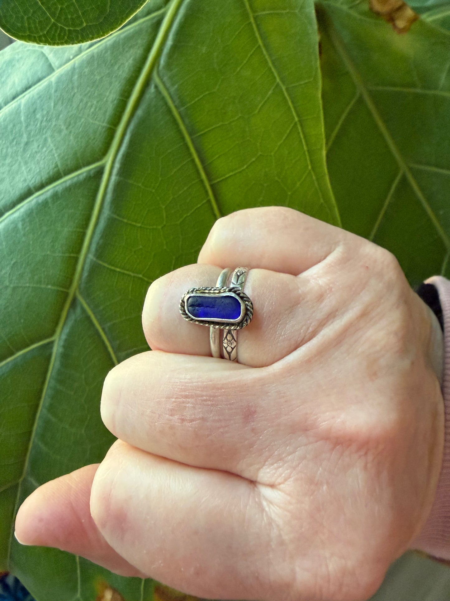 Tiny cobalt blue sea glass ring - size 7