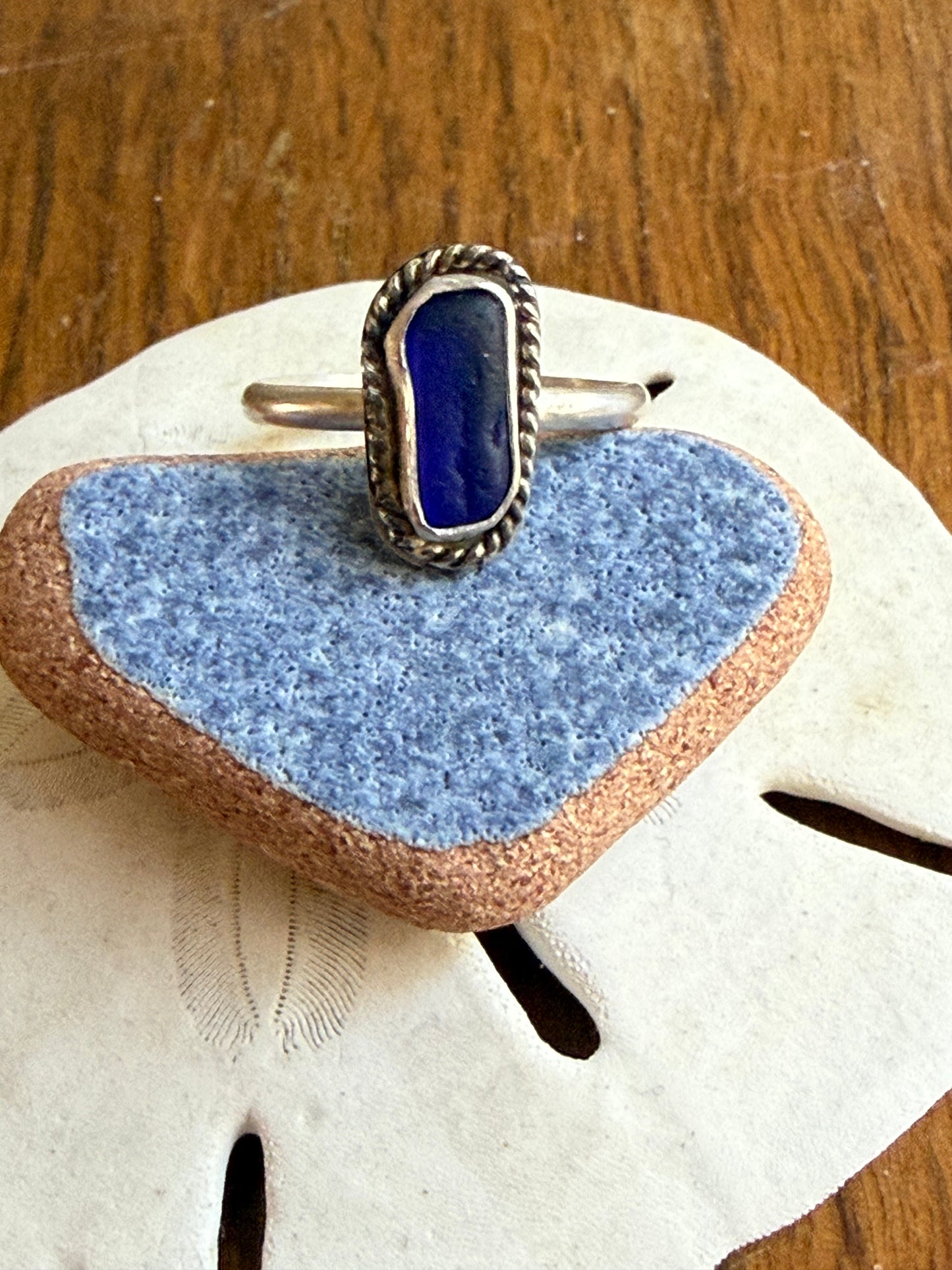Tiny cobalt blue sea glass ring - size 7