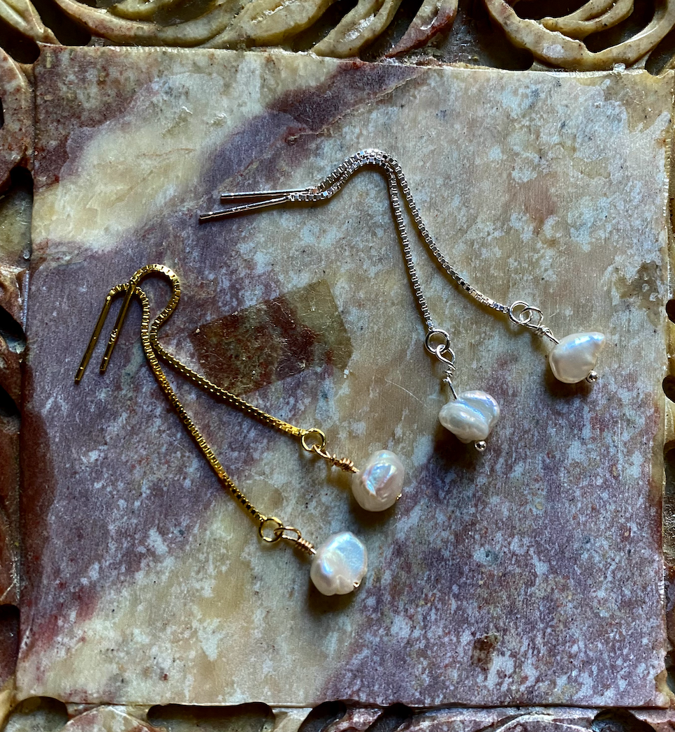 Pearl threader earrings- silver