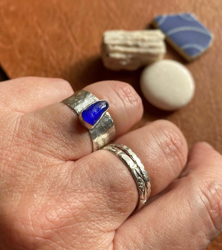 Blue sea glass wide silver ring- 7
