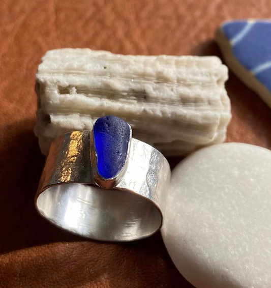 Blue sea glass wide silver ring- 7