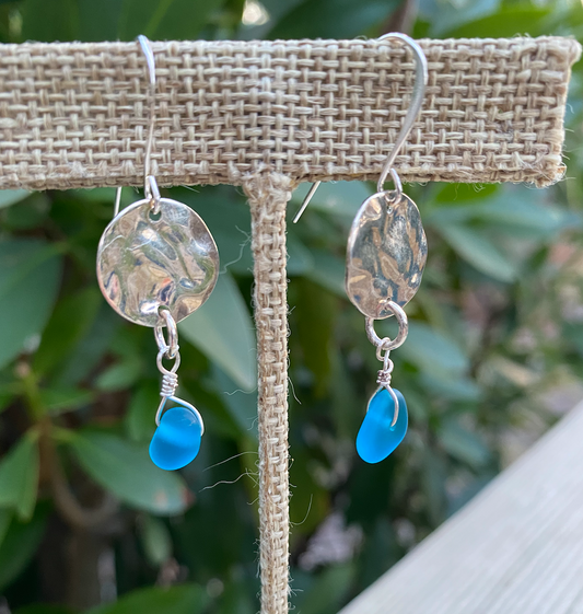 Hammered silver and turquoise glass earrings