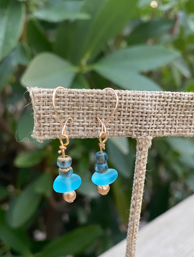Turquoise glass and beaded gold earrings