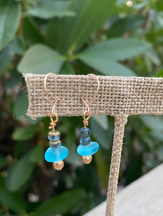 Turquoise glass and beaded gold earrings
