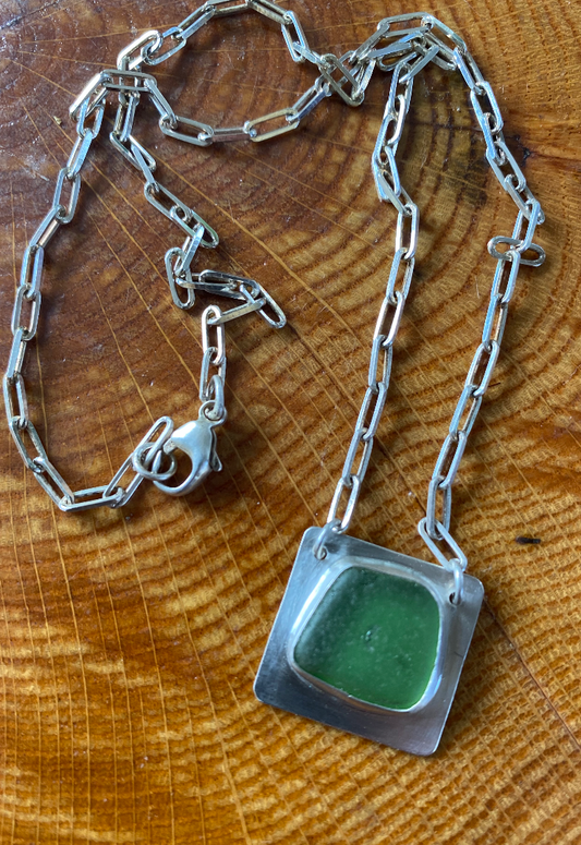 Geometric green sea glass necklace