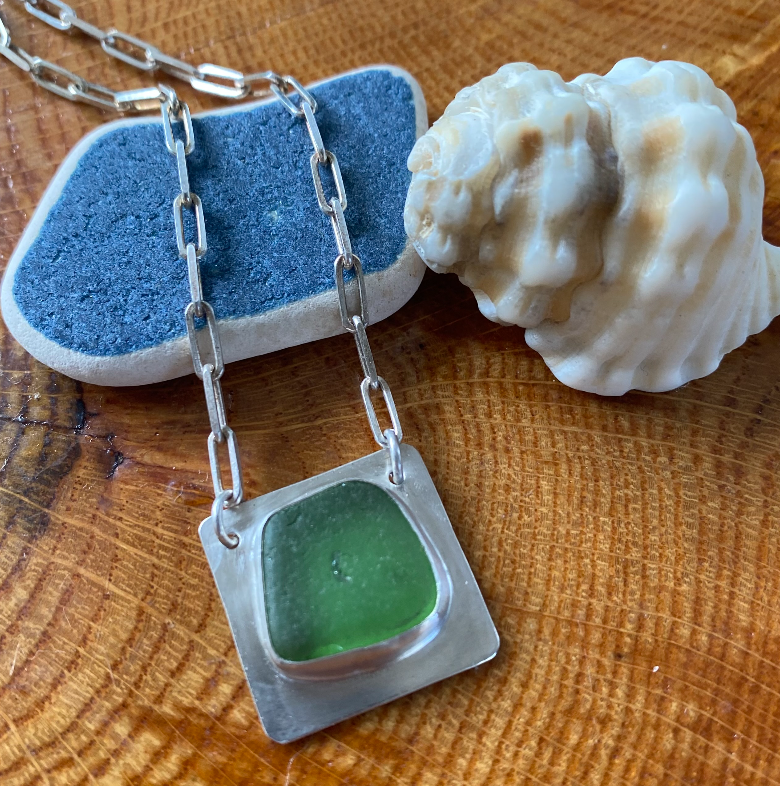 Geometric green sea glass necklace