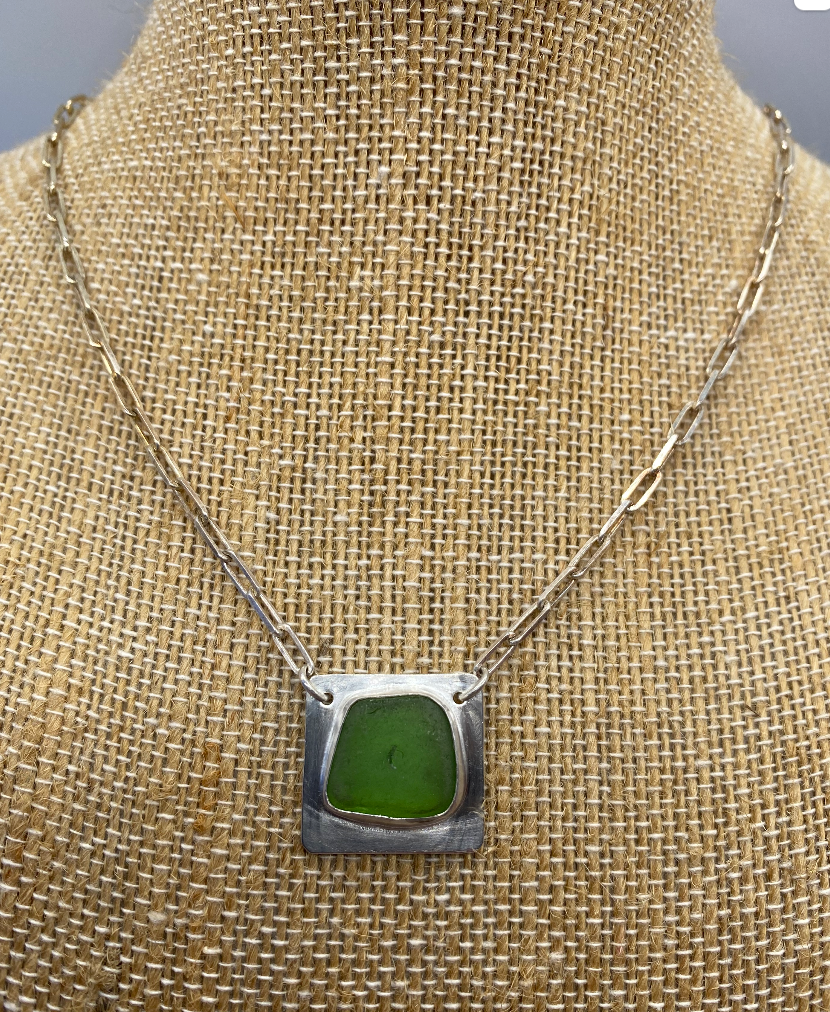 Geometric green sea glass necklace