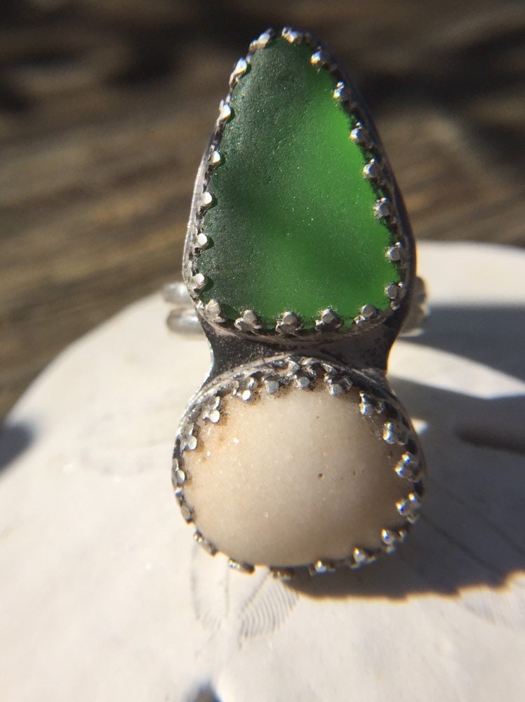 Sea glass and stone statement ring - 6.5
