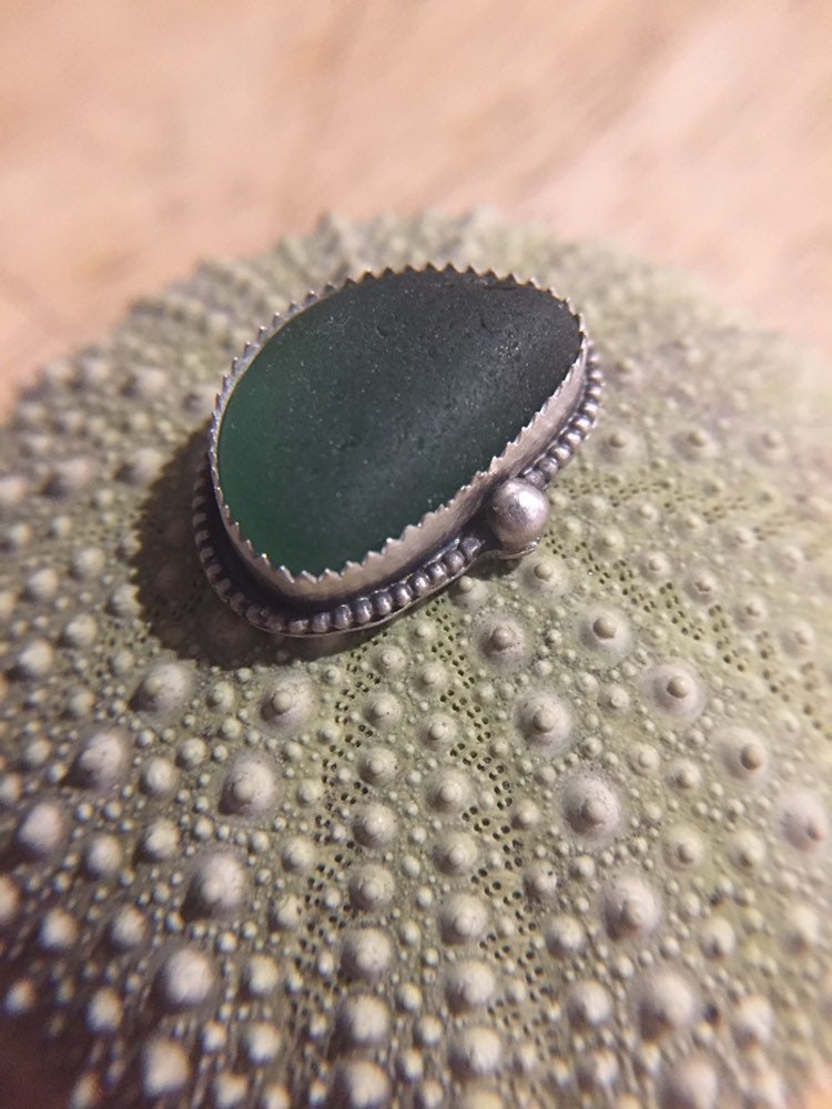 Dark teal green sea glass ring - 9