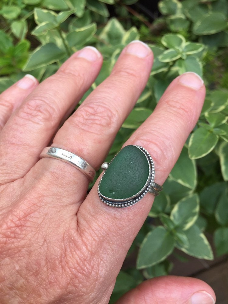Dark teal green sea glass ring - 9