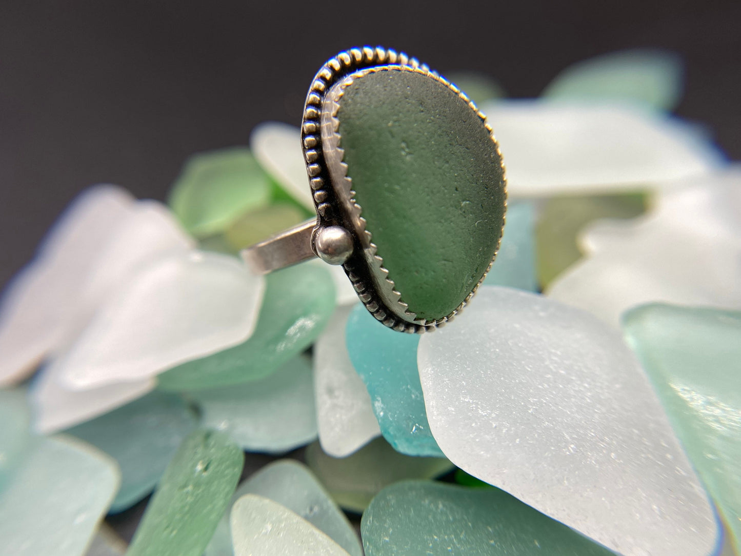 Dark teal green sea glass ring - 9
