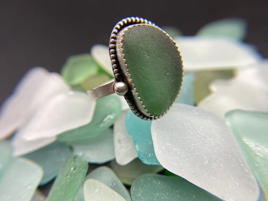 Dark teal green sea glass ring - 9