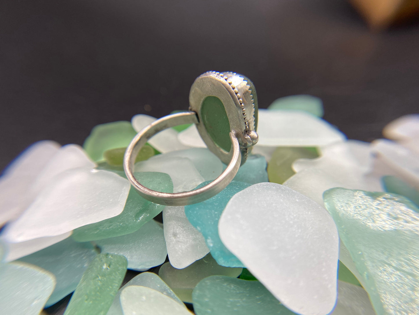 Dark teal green sea glass ring - 9